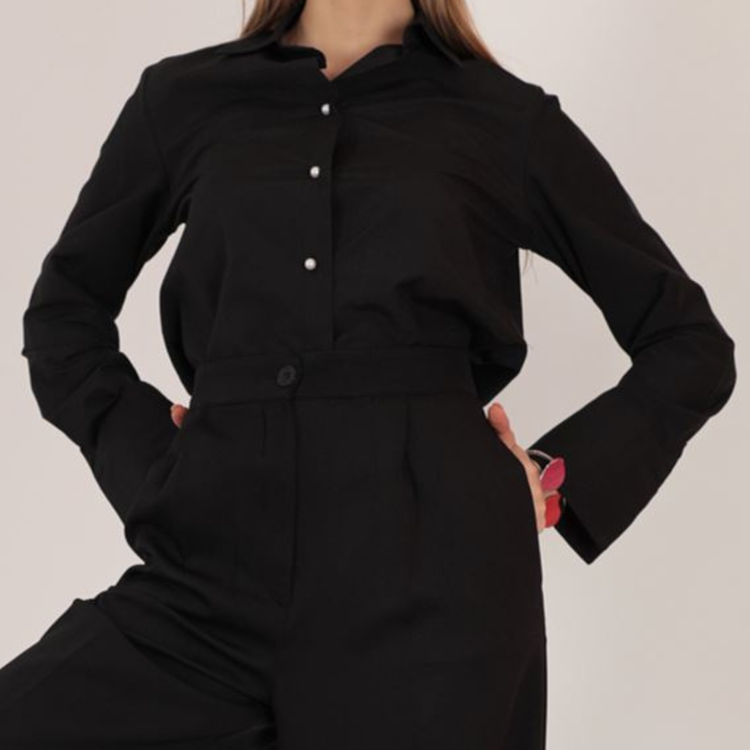 Vera Cox Black Shirt with Pearl Buttons
