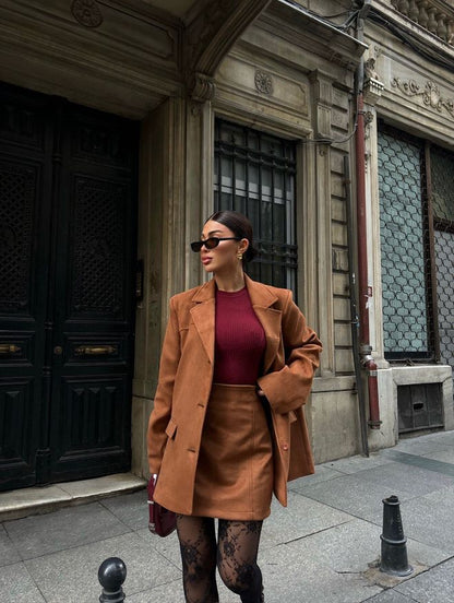 Desert Chic-Suede Blazer &amp; Skirt Set