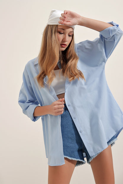 Cotton Shirt - Light Blue / Beige