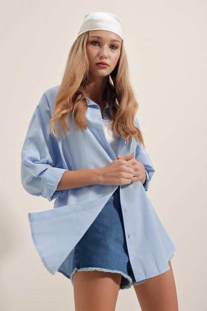 Cotton Shirt - Light Blue / Beige